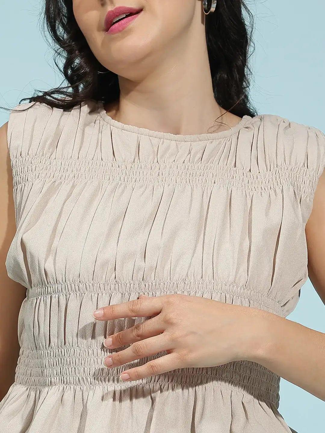 Whizle Beige Gather Pleated Sleeveless Women Cotton Top - oxolloxo