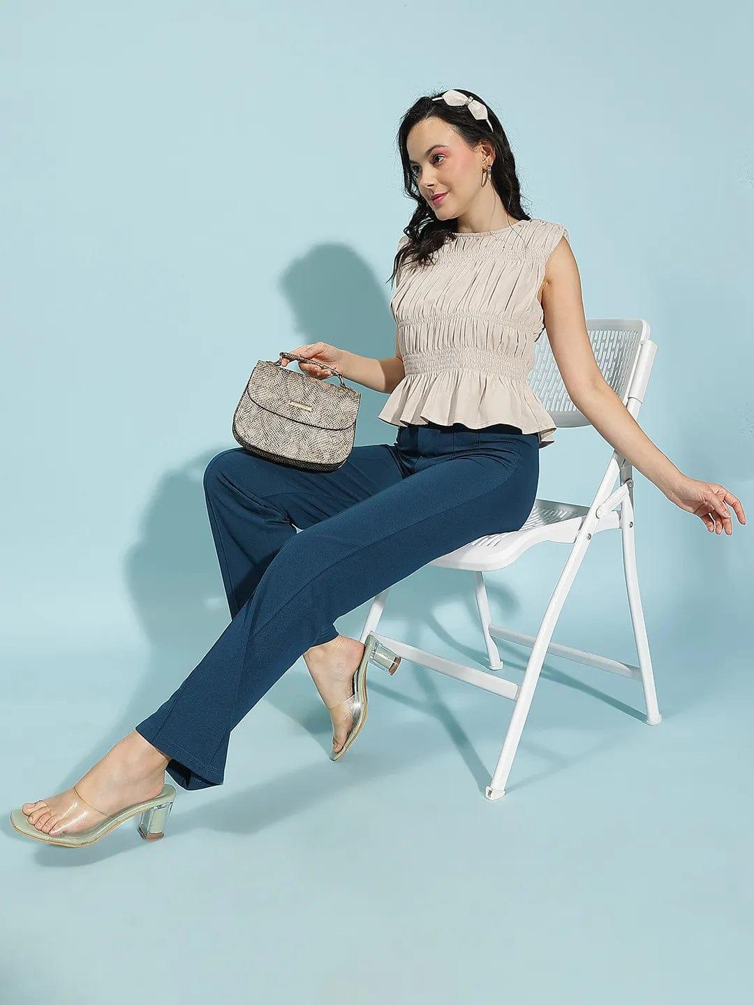 Whizle Beige Gather Pleated Sleeveless Women Cotton Top - oxolloxo