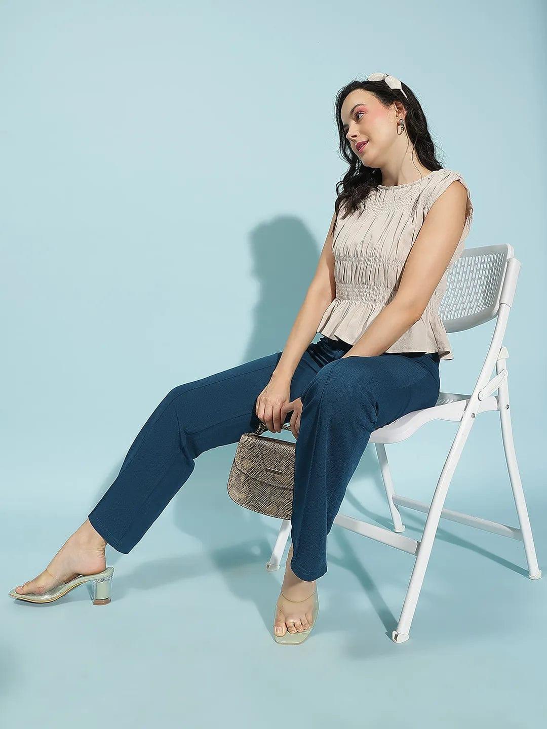 Whizle Beige Gather Pleated Sleeveless Women Cotton Top - oxolloxo