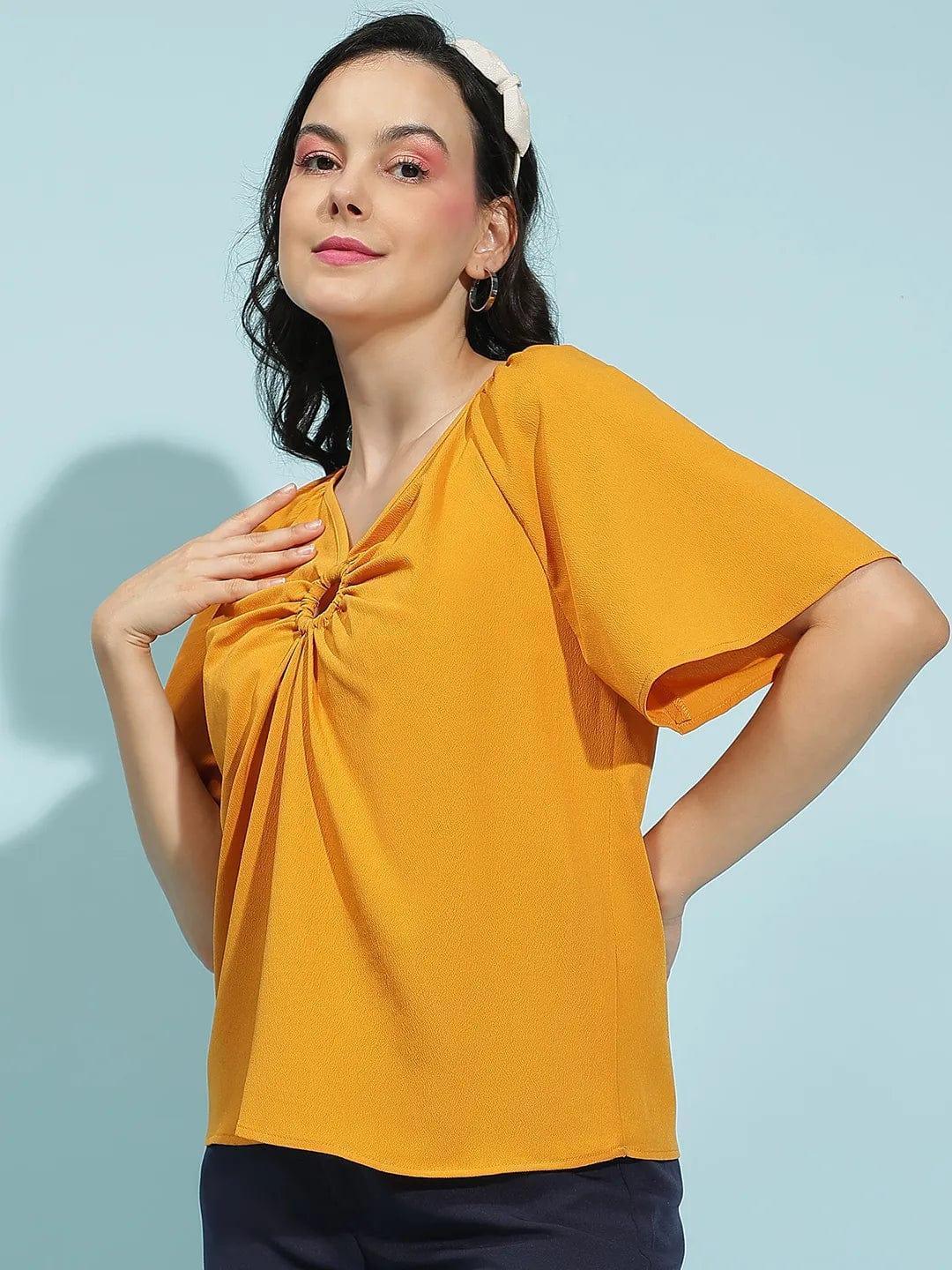 Bright Yellow Short Sleeve Hoop Detail Womenâ€™s Top - oxolloxo