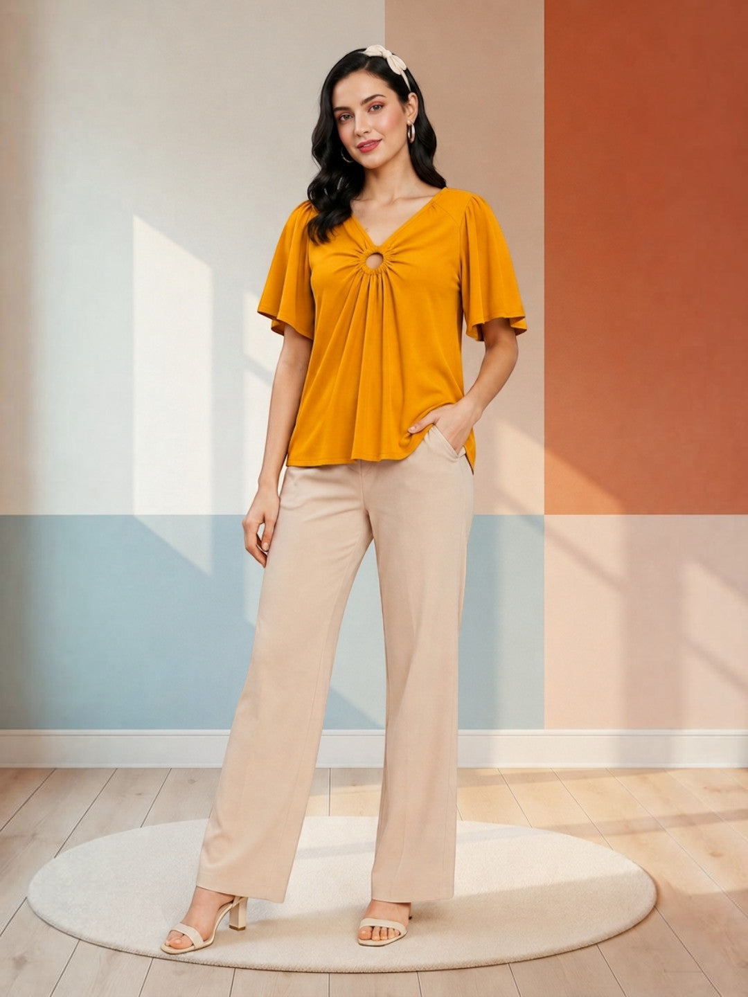 Mustard yellow ruched top with beige wide-leg pants, stylish plus size women's fashion outfit