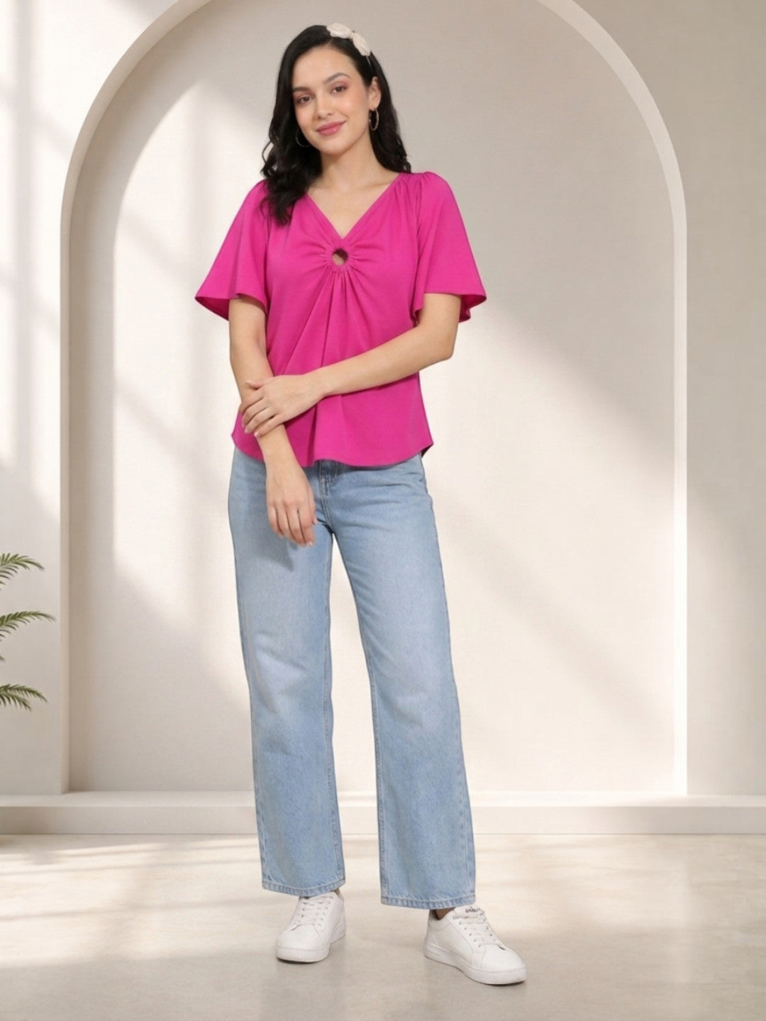 Pink V-neck knot front top with wide-leg jeans, stylish women's fashion outfit