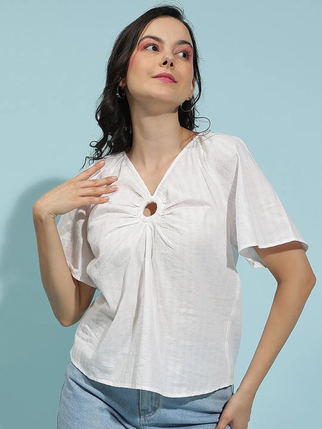 Winkle White Short Sleeve Hoop Detail Womenâ€™s Top - oxolloxo