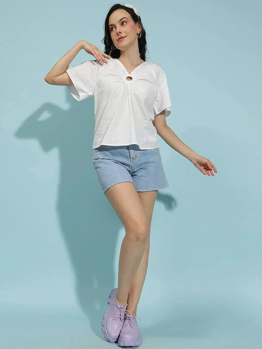 Winkle White Short Sleeve Hoop Detail Womenâ€™s Top - oxolloxo