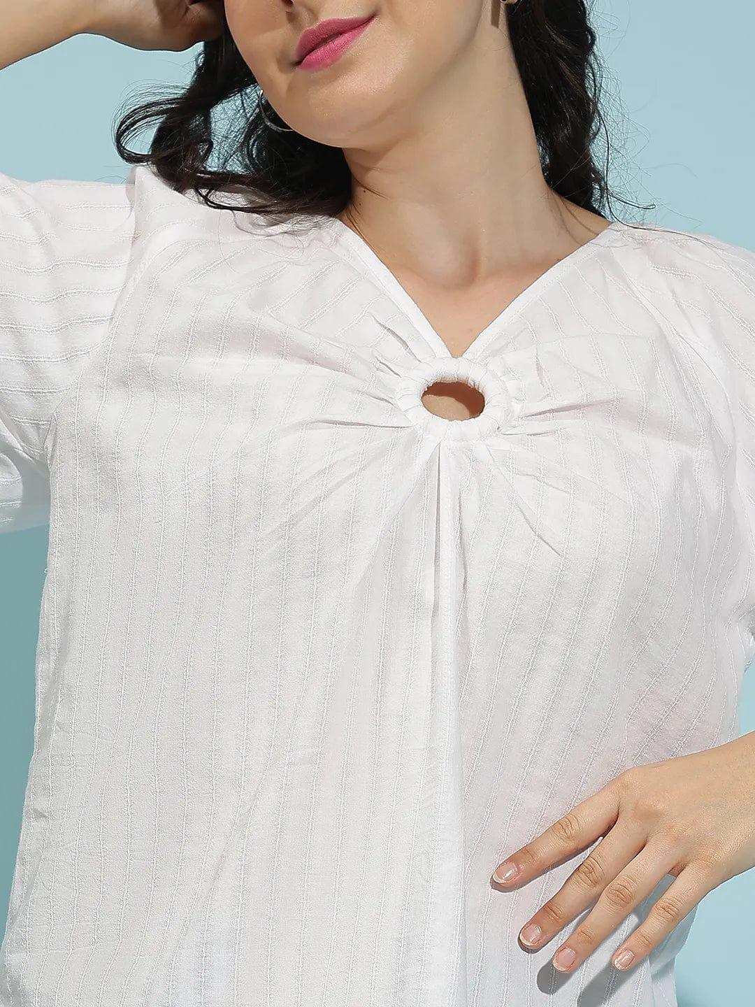 Winkle White Short Sleeve Hoop Detail Womenâ€™s Top - oxolloxo