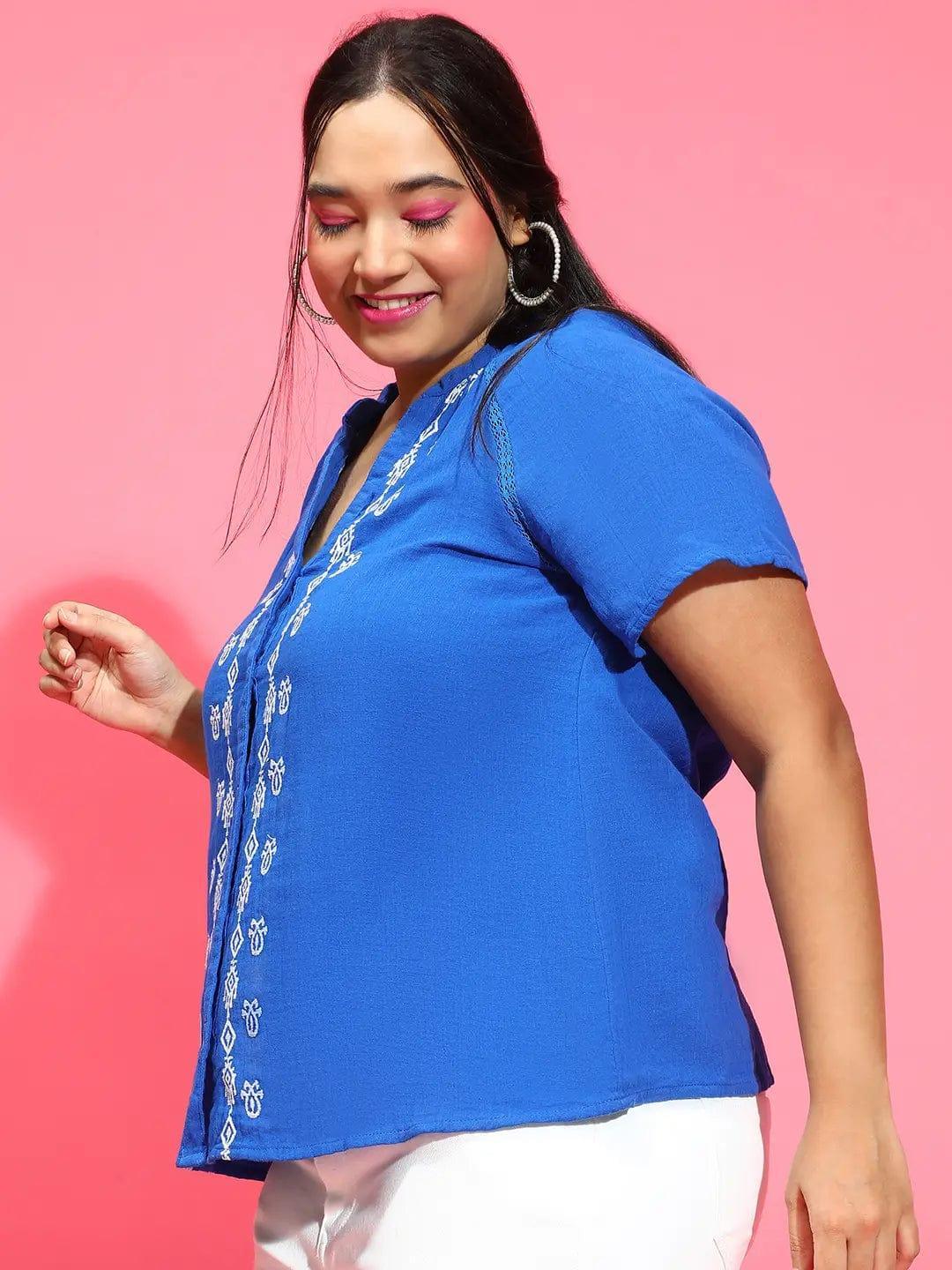 Plus size blue embroidered cotton gauze shirt with short sleeves, photo 3