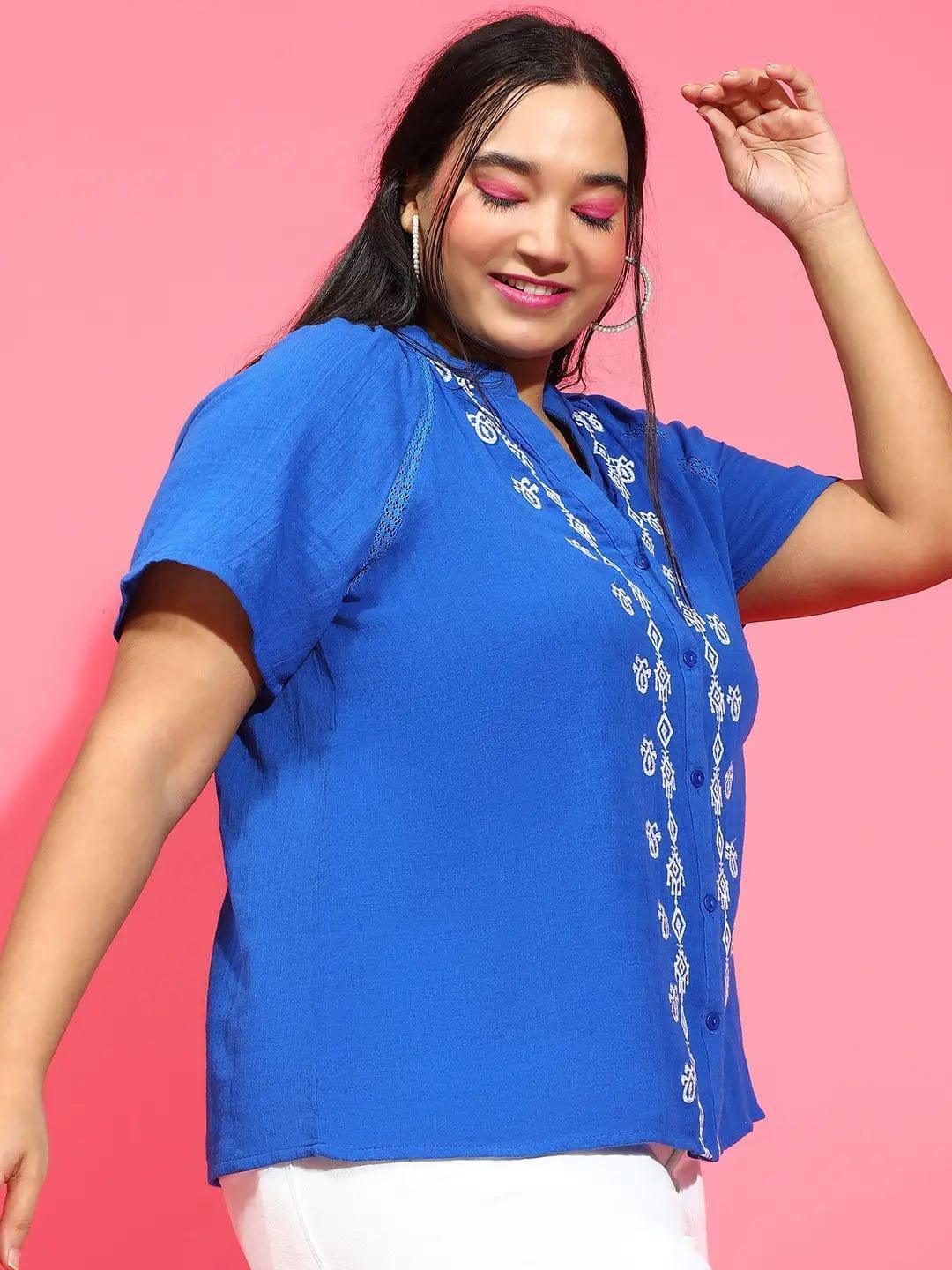 Plus size blue embroidered cotton gauze shirt with short sleeves, photo 4