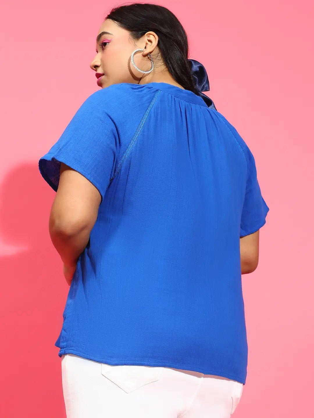 Plus size blue embroidered cotton gauze shirt with short sleeves, photo 5