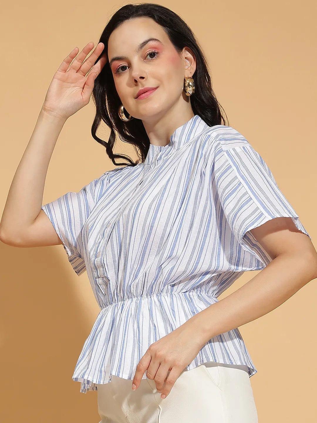 Fair Blue Stripe Print Button-Down Pleated Womenâ€™s Top - oxolloxo
