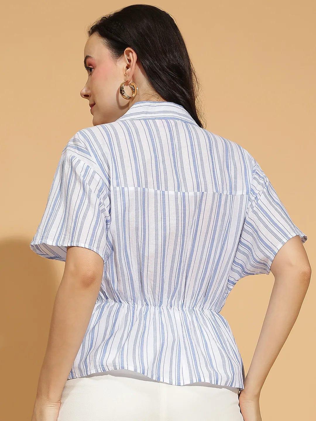 Fair Blue Stripe Print Button-Down Pleated Womenâ€™s Top - oxolloxo