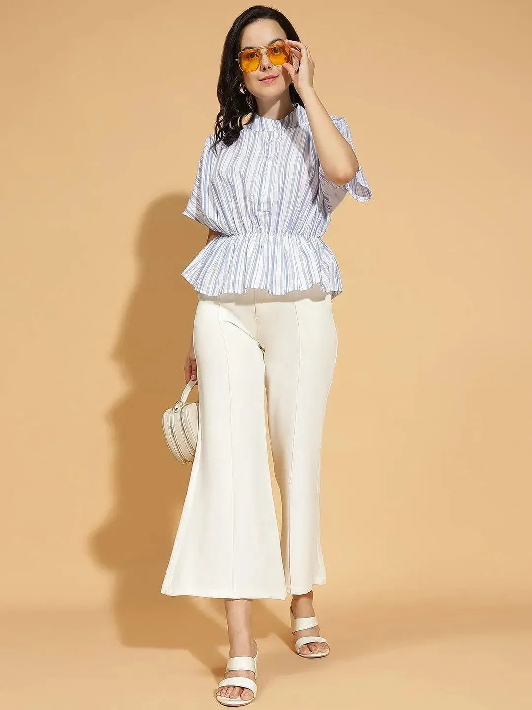 Fair Blue Stripe Print Button-Down Pleated Womenâ€™s Top - oxolloxo