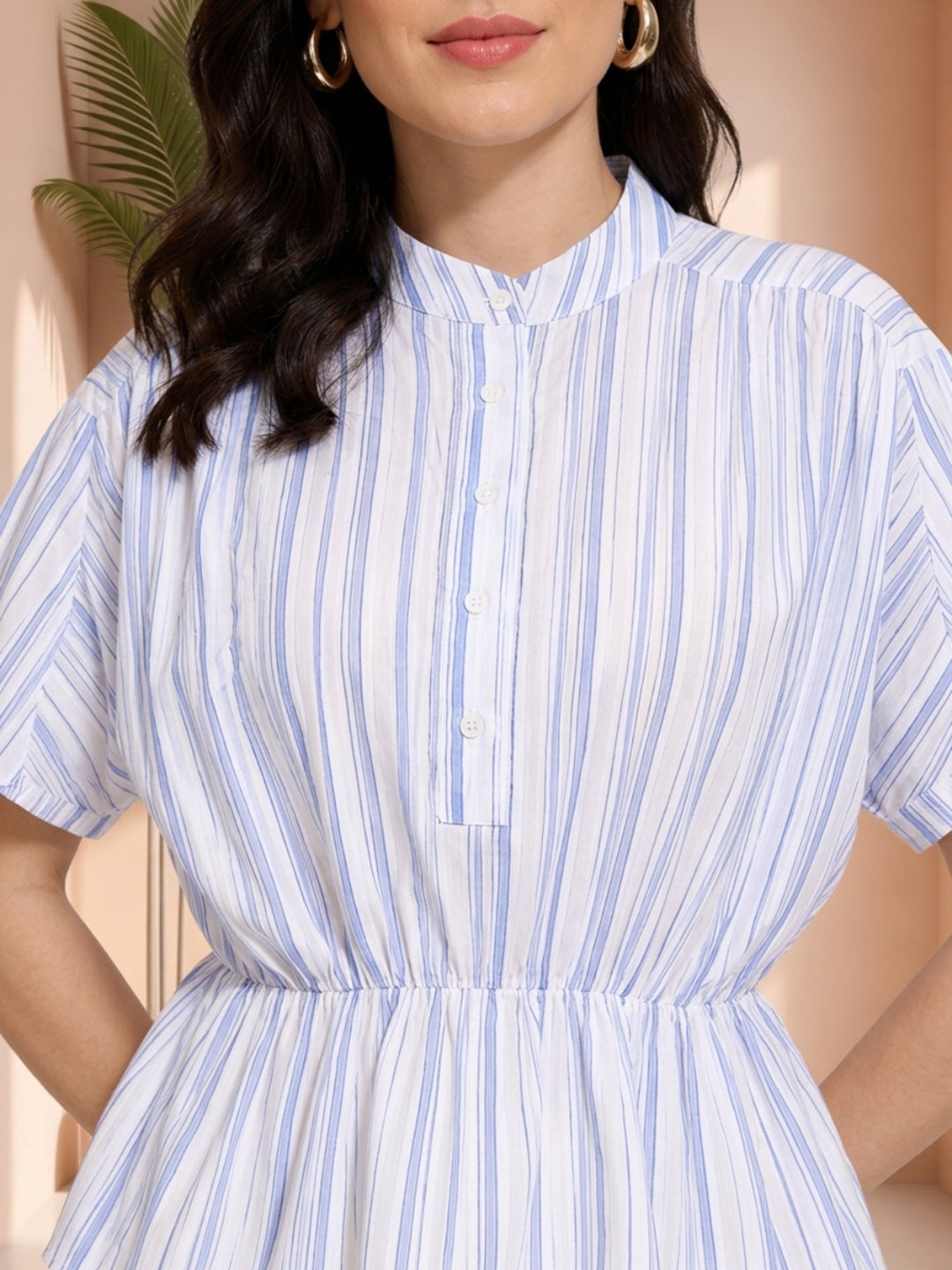 Blue and white striped button-front dress with short sleeves, perfect for plus size & regular women's fashion.