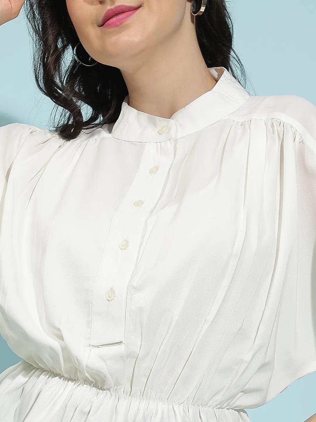 Snowy White Button-Down Elasticated Pleated Womenâ€™s Top - oxolloxo