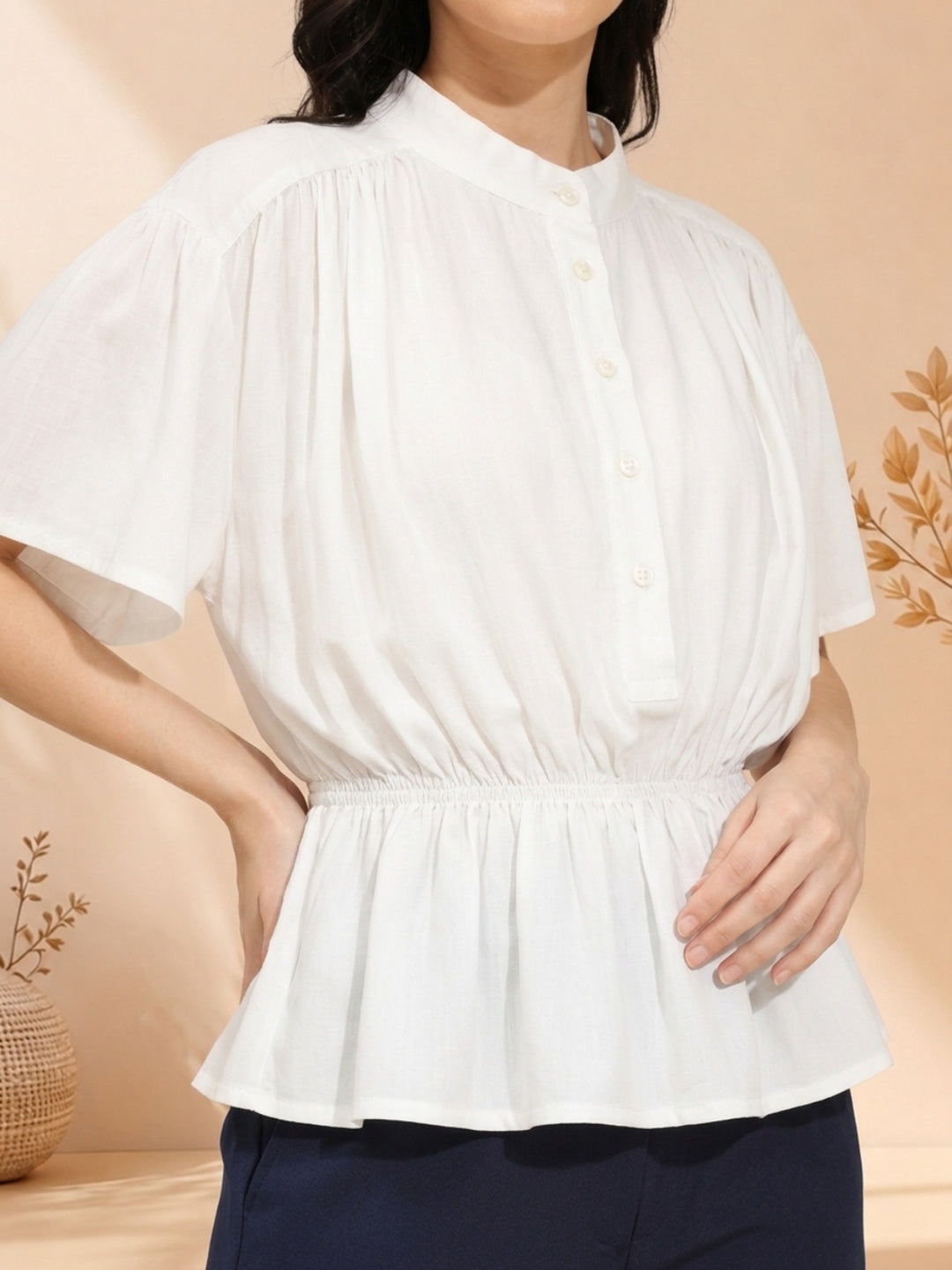 White button-up blouse with puff sleeves and peplum hem, plus size women's fashion