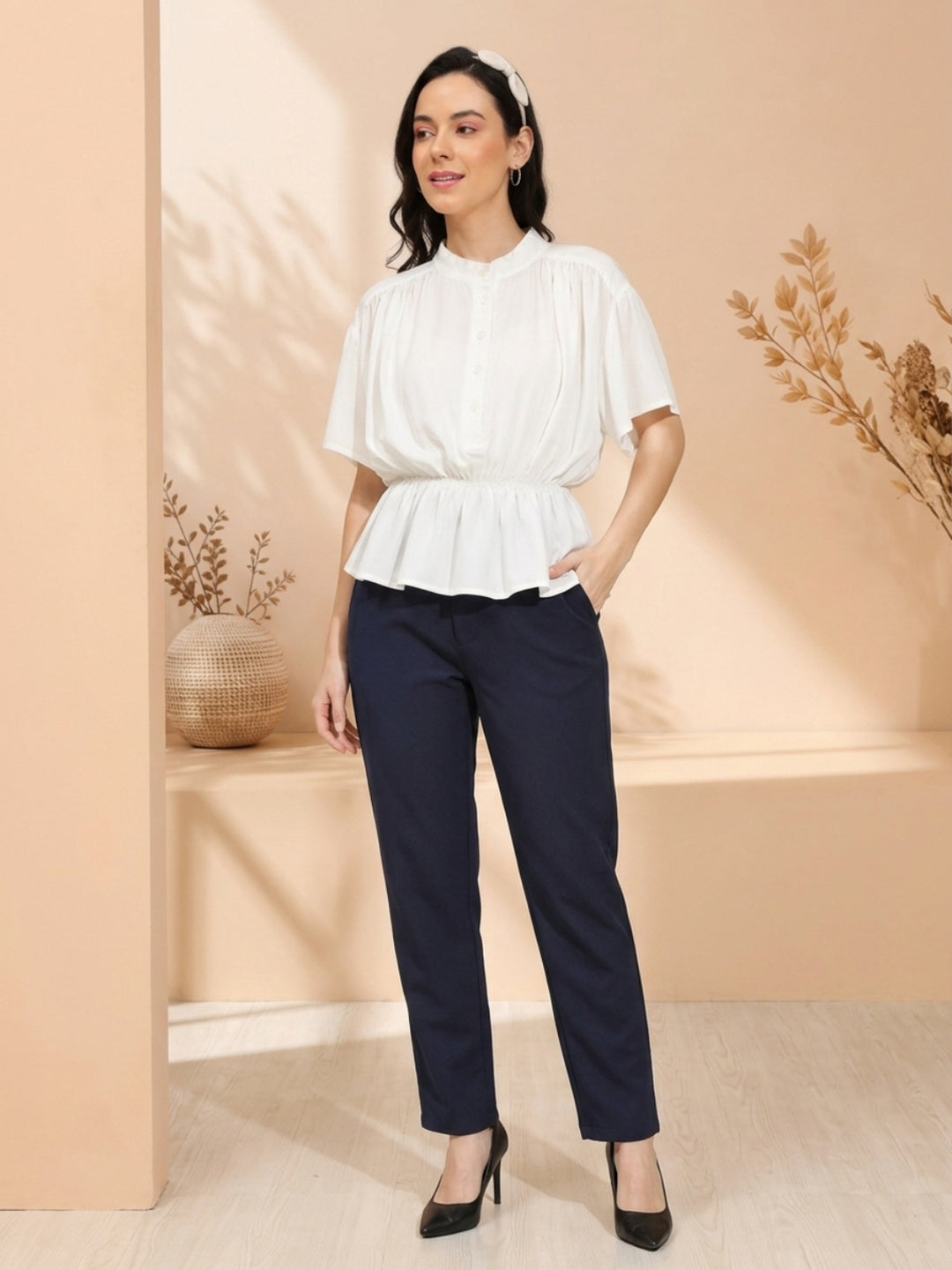 White peplum blouse with navy trousers, plus size women's fashion outfit