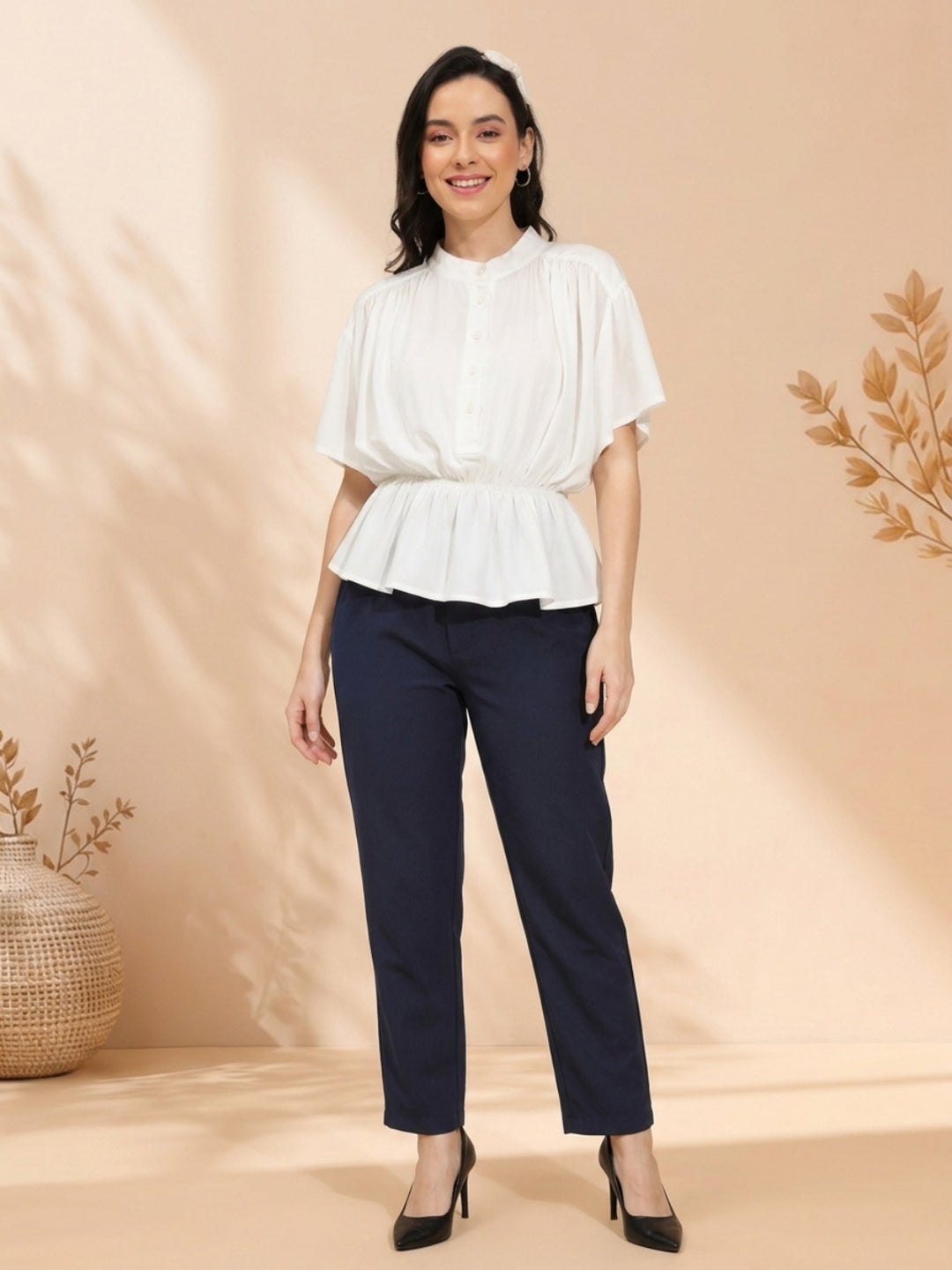 White peplum blouse with navy trousers, plus size women's fashion outfit