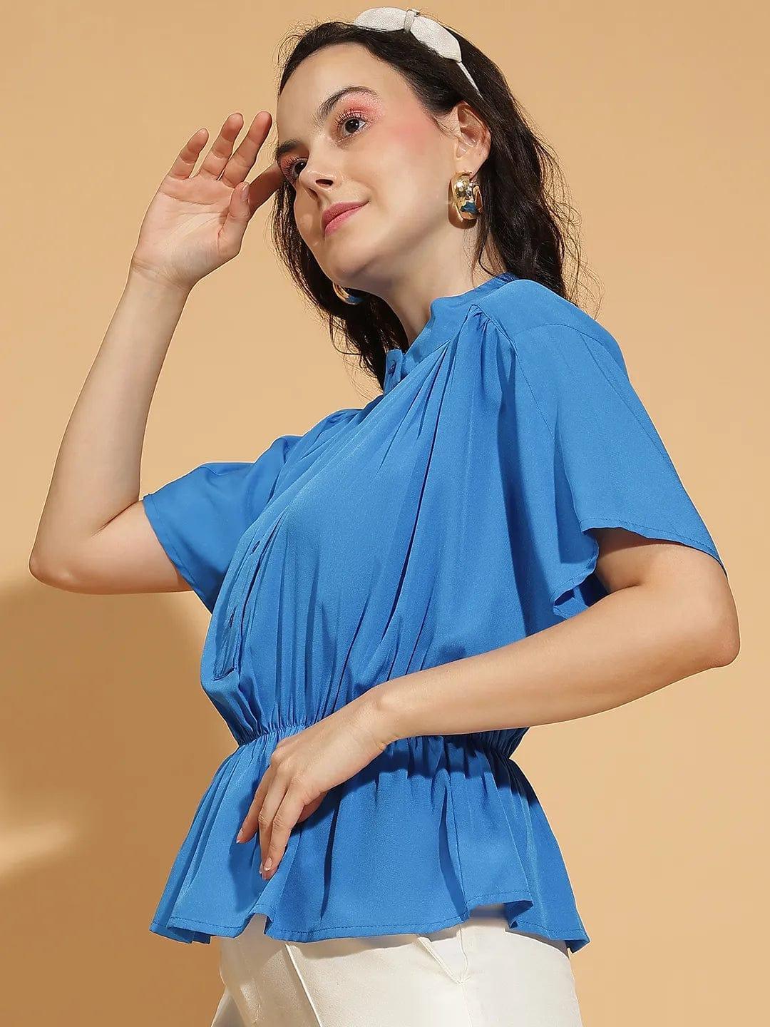 Bold Blue Button-Down Elasticated Womenâ€™s Top - oxolloxo