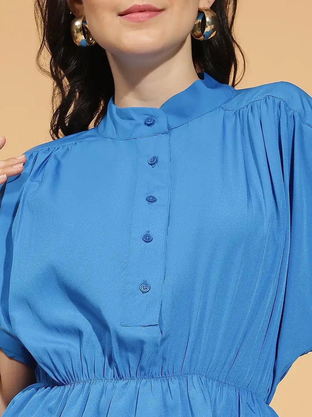 Bold Blue Button-Down Elasticated Womenâ€™s Top - oxolloxo