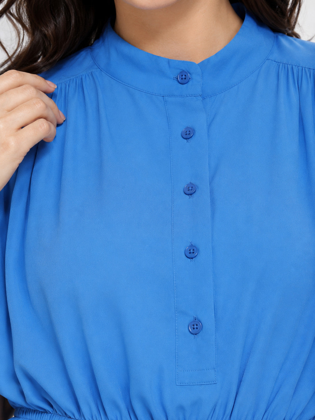 Blue button-front women's blouse with mandarin collar, plus size fashion