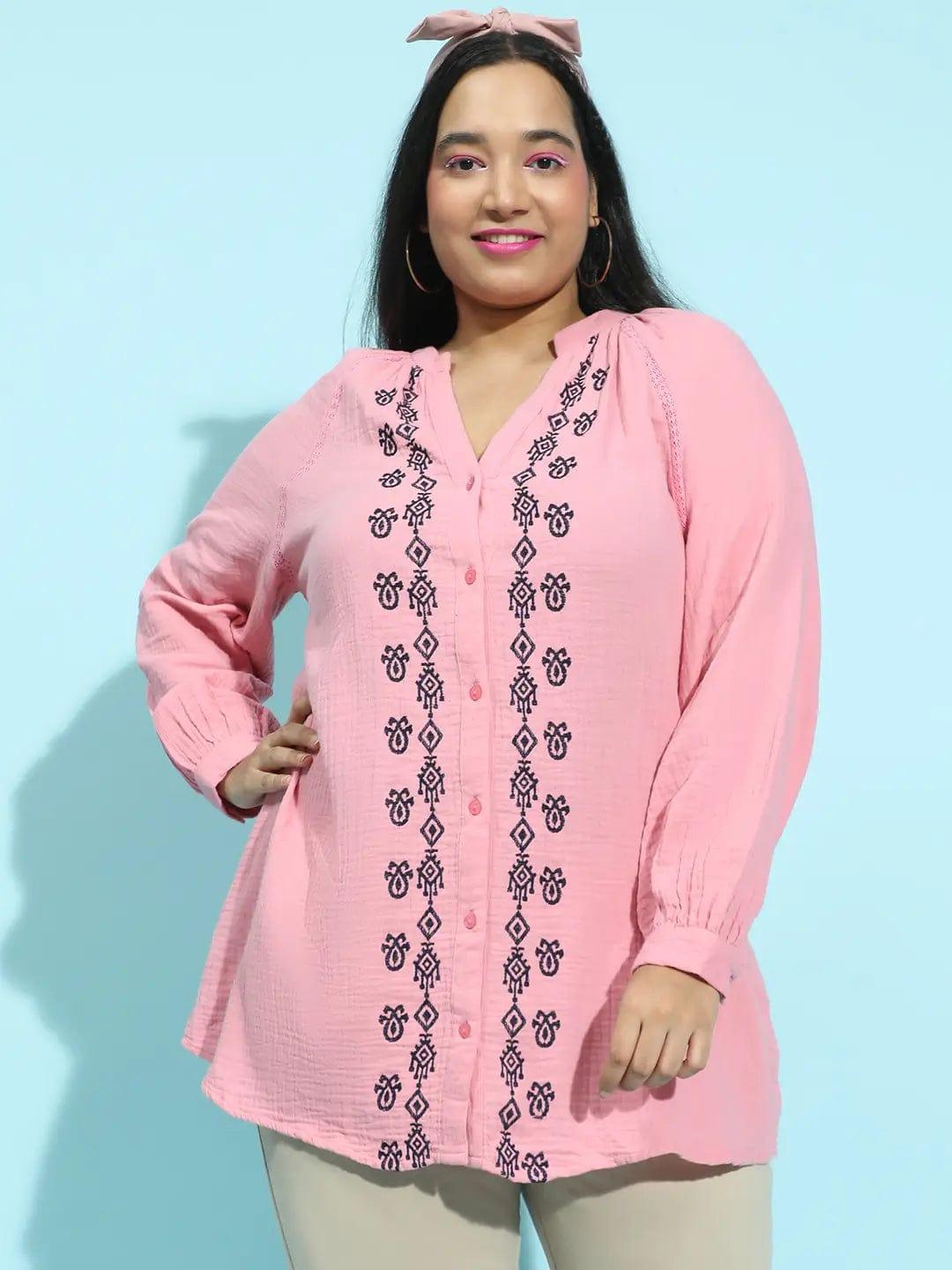 Plus size pink embroidered cotton gauze tunic with long sleeves