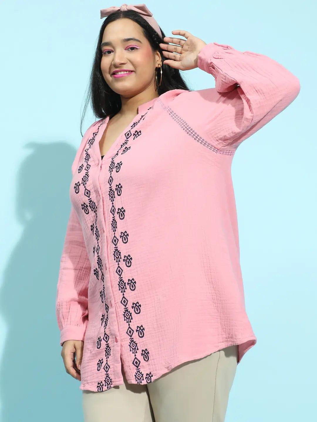 Plus size pink embroidered cotton gauze tunic with long sleeves, photo 3