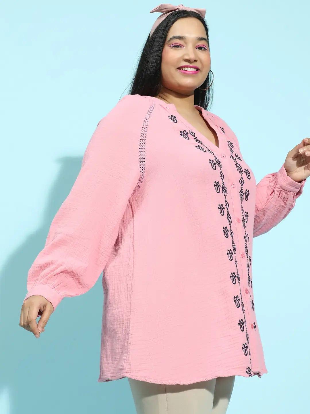 Plus size pink embroidered cotton gauze tunic with long sleeves, photo 4