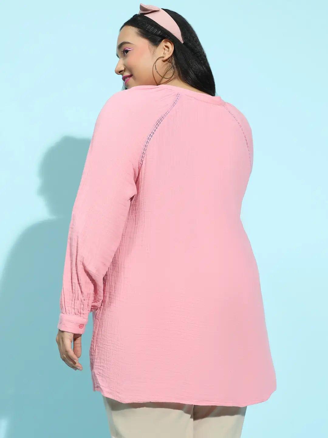 Plus size pink embroidered cotton gauze tunic with long sleeves, photo 5
