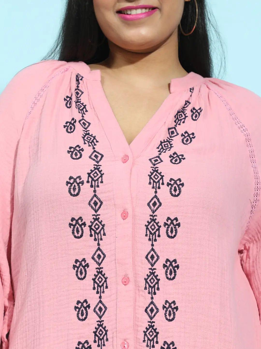 Plus size pink embroidered cotton gauze tunic with long sleeves, photo 6