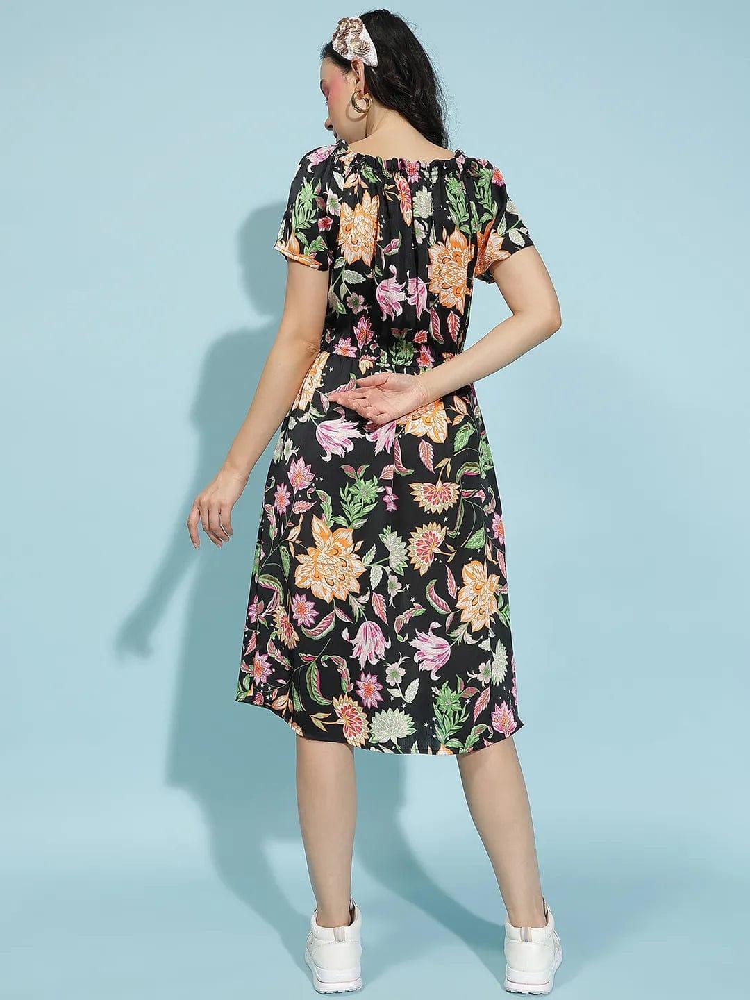 Sunlit Blossom: Multicolor Floral Dress & Yellow Lace Bucket Hat Set - oxolloxo