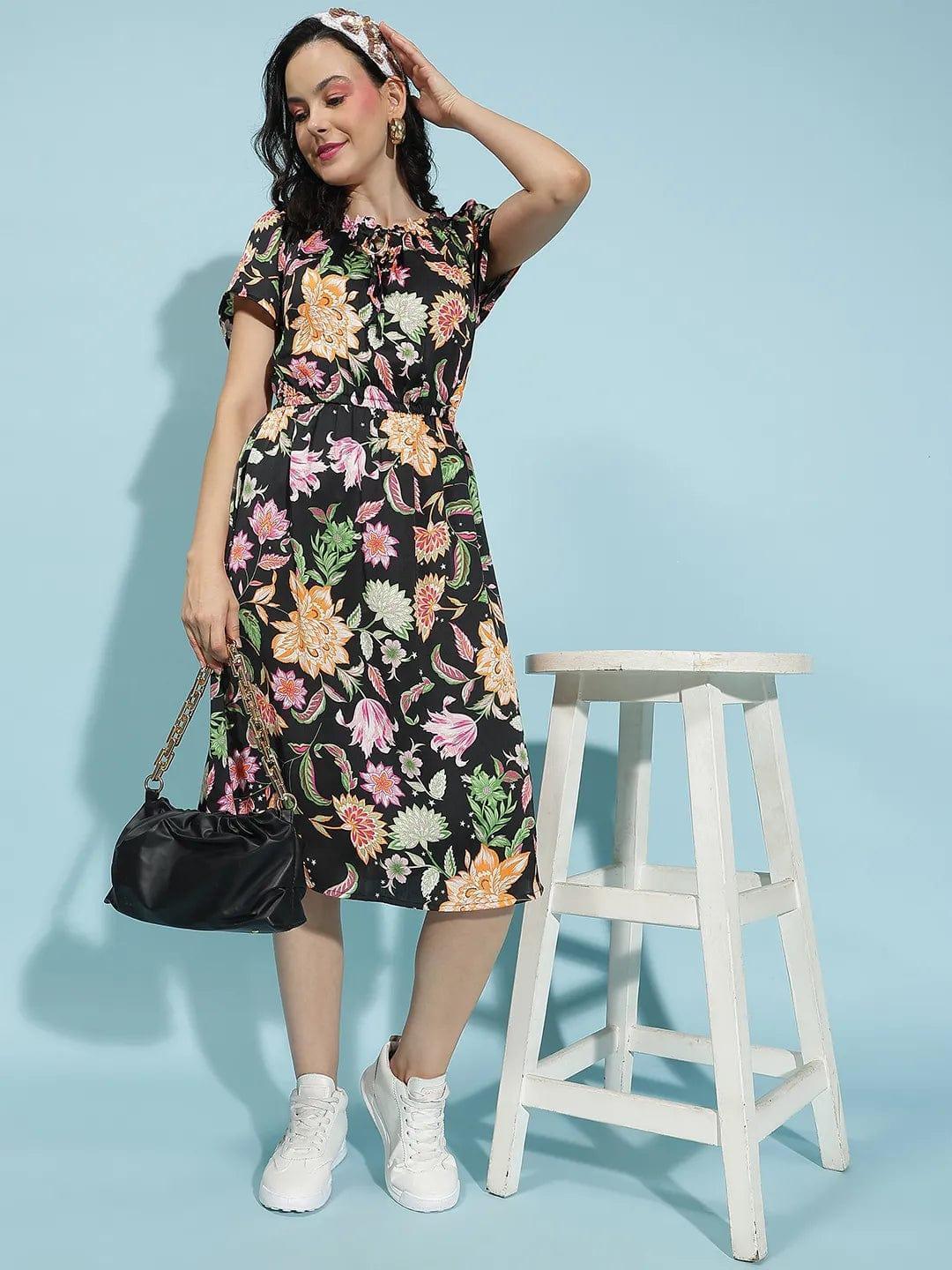 Sunlit Blossom: Multicolor Floral Dress & Yellow Lace Bucket Hat Set - oxolloxo