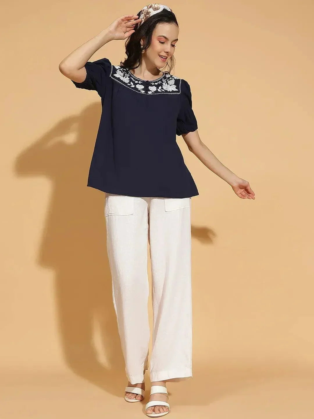 Navy Blue Embroidered Short Sleeve Womenâ€™s Cotton Top - oxolloxo