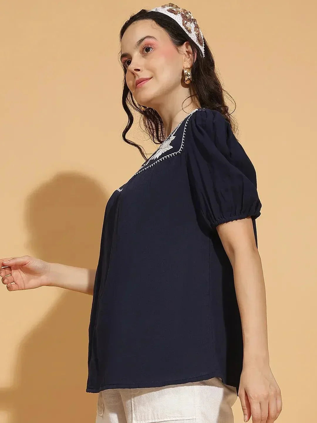 Navy Blue Embroidered Short Sleeve Womenâ€™s Cotton Top - oxolloxo