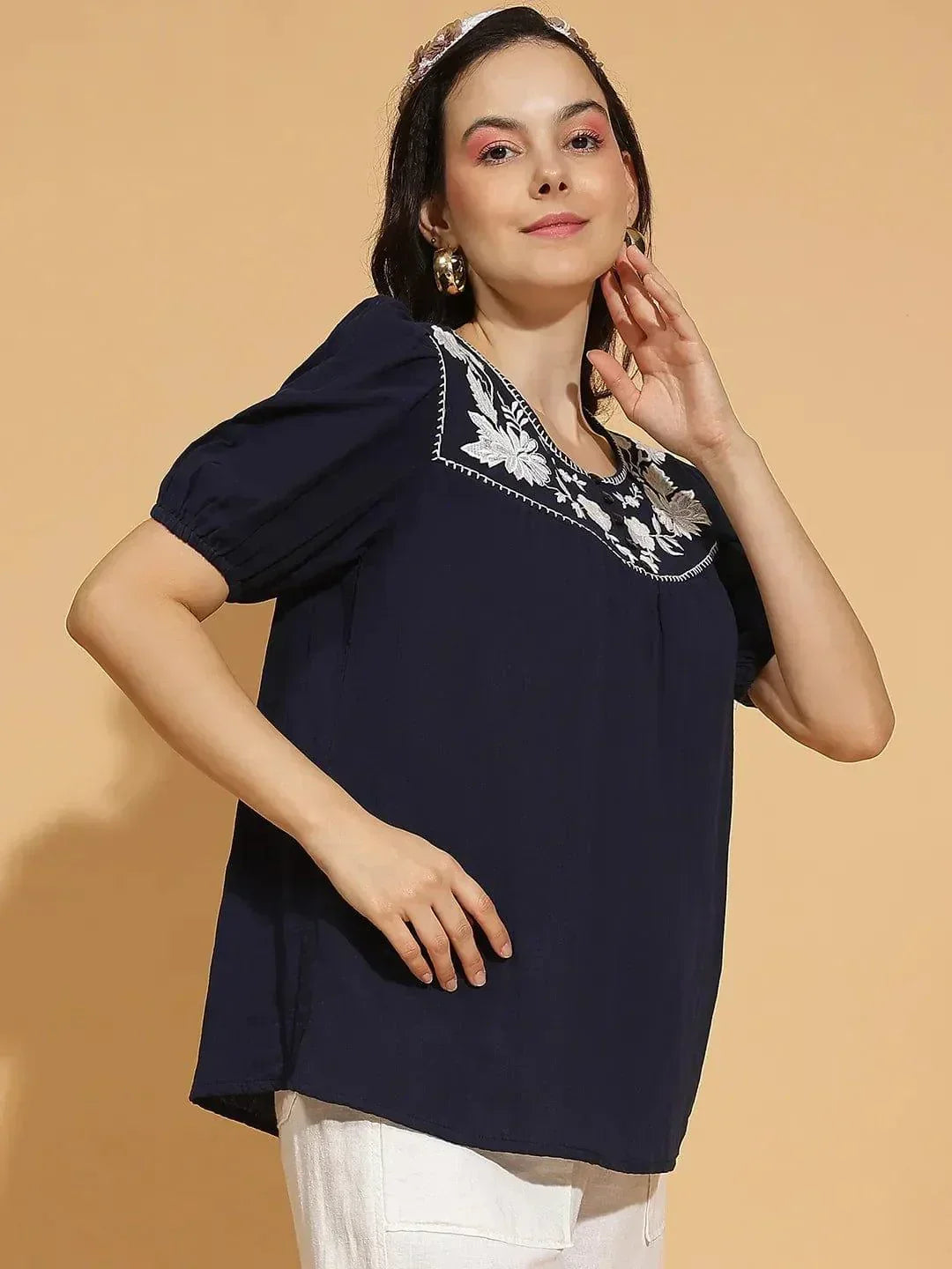 Navy Blue Embroidered Short Sleeve Womenâ€™s Cotton Top - oxolloxo