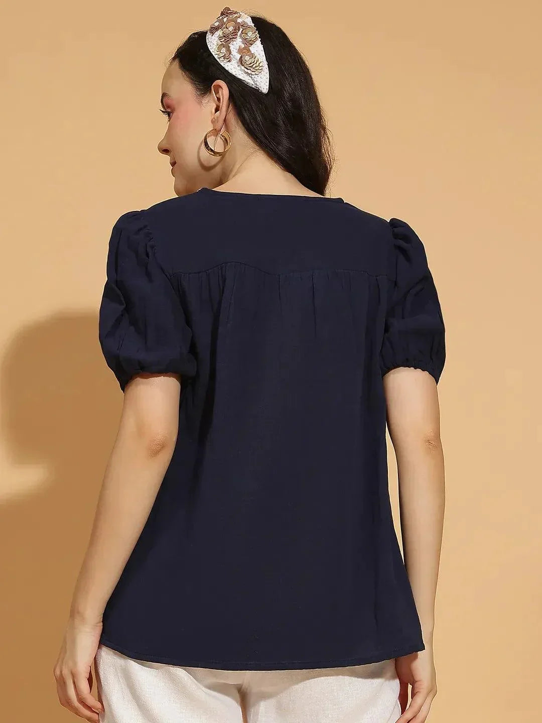 Navy Blue Embroidered Short Sleeve Womenâ€™s Cotton Top - oxolloxo