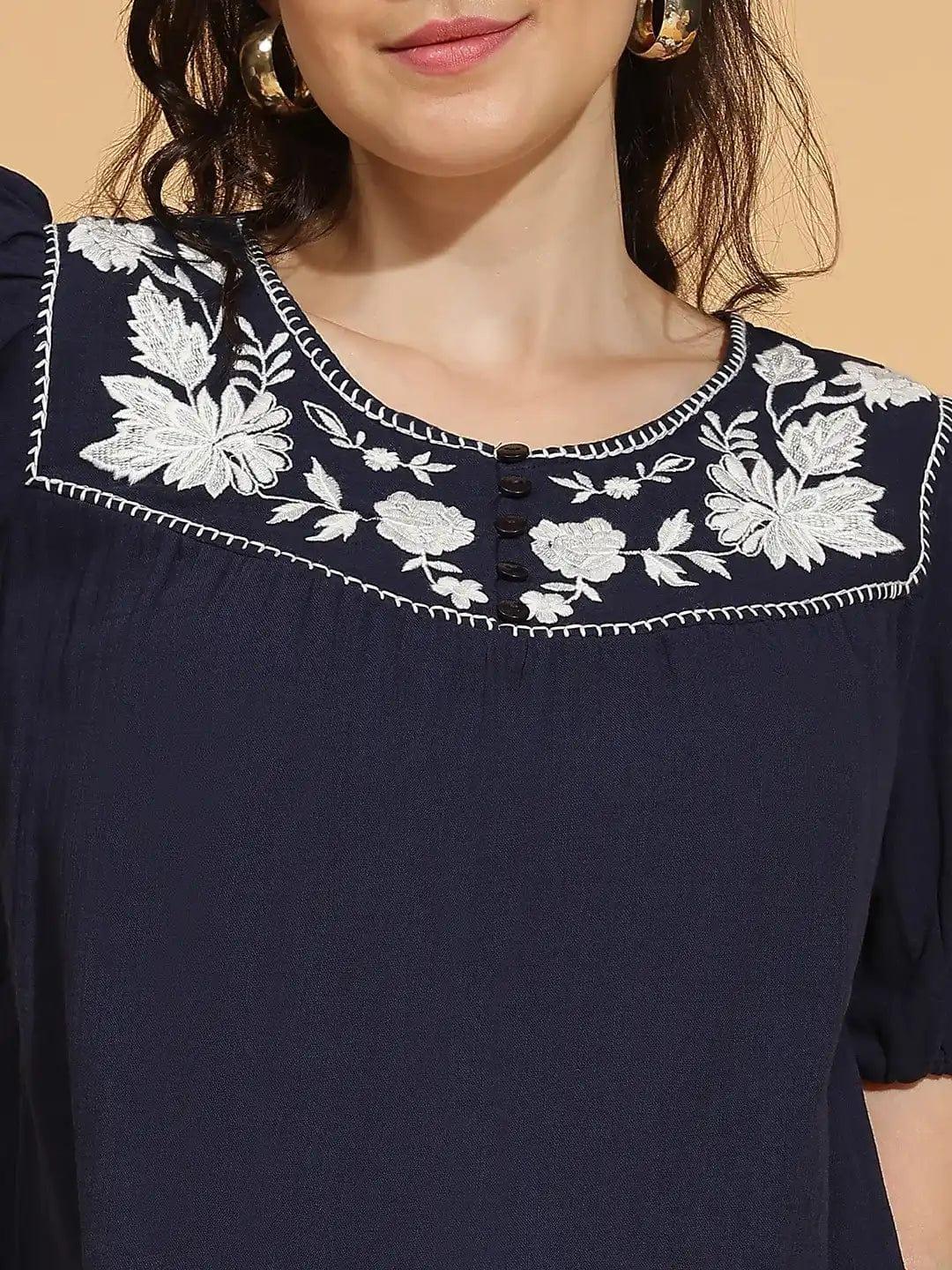 Navy Blue Embroidered Short Sleeve Womenâ€™s Cotton Top - oxolloxo