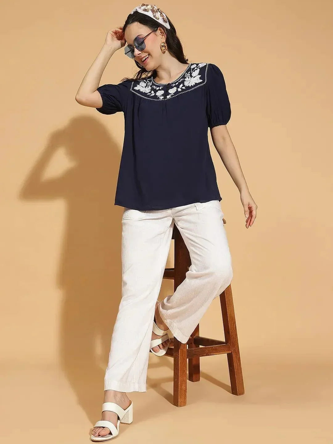 Navy Blue Embroidered Short Sleeve Womenâ€™s Cotton Top - oxolloxo