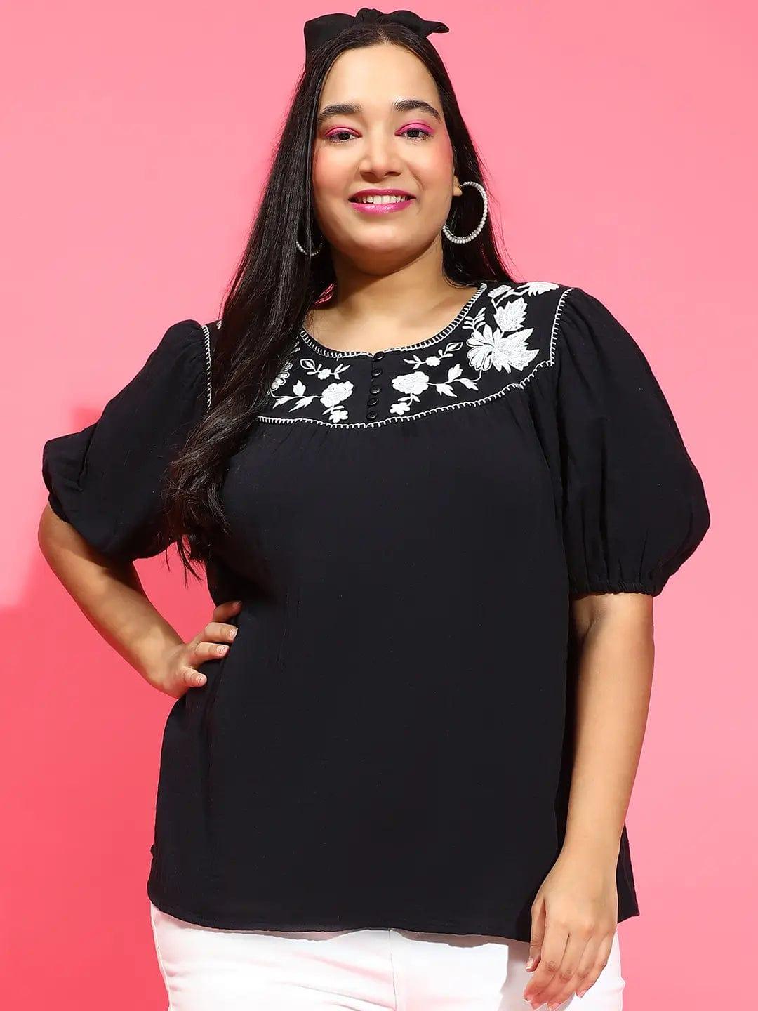 Plus size black embroidered cotton gauze top with round neck
