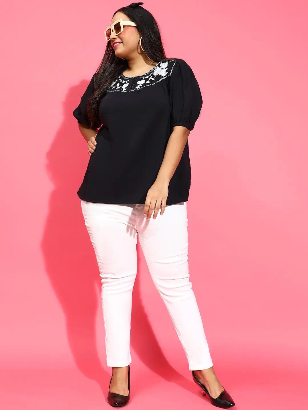 Plus size black embroidered cotton gauze top with round neck, photo 2