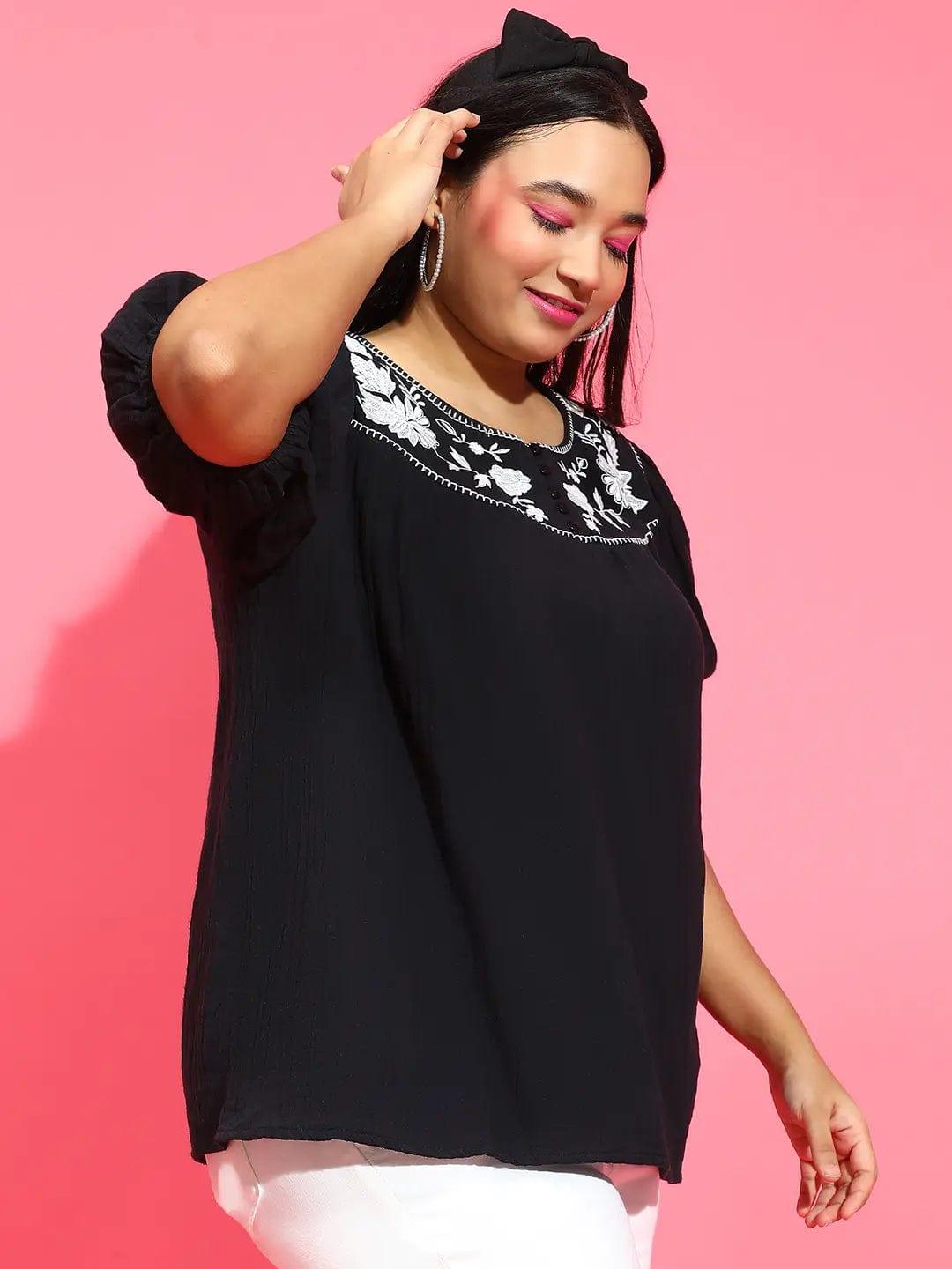 Plus size black embroidered cotton gauze top with round neck, photo 3