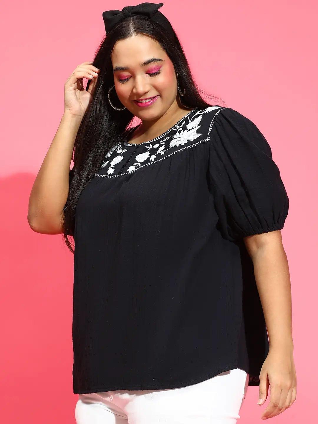 Plus size black embroidered cotton gauze top with round neck, photo 4