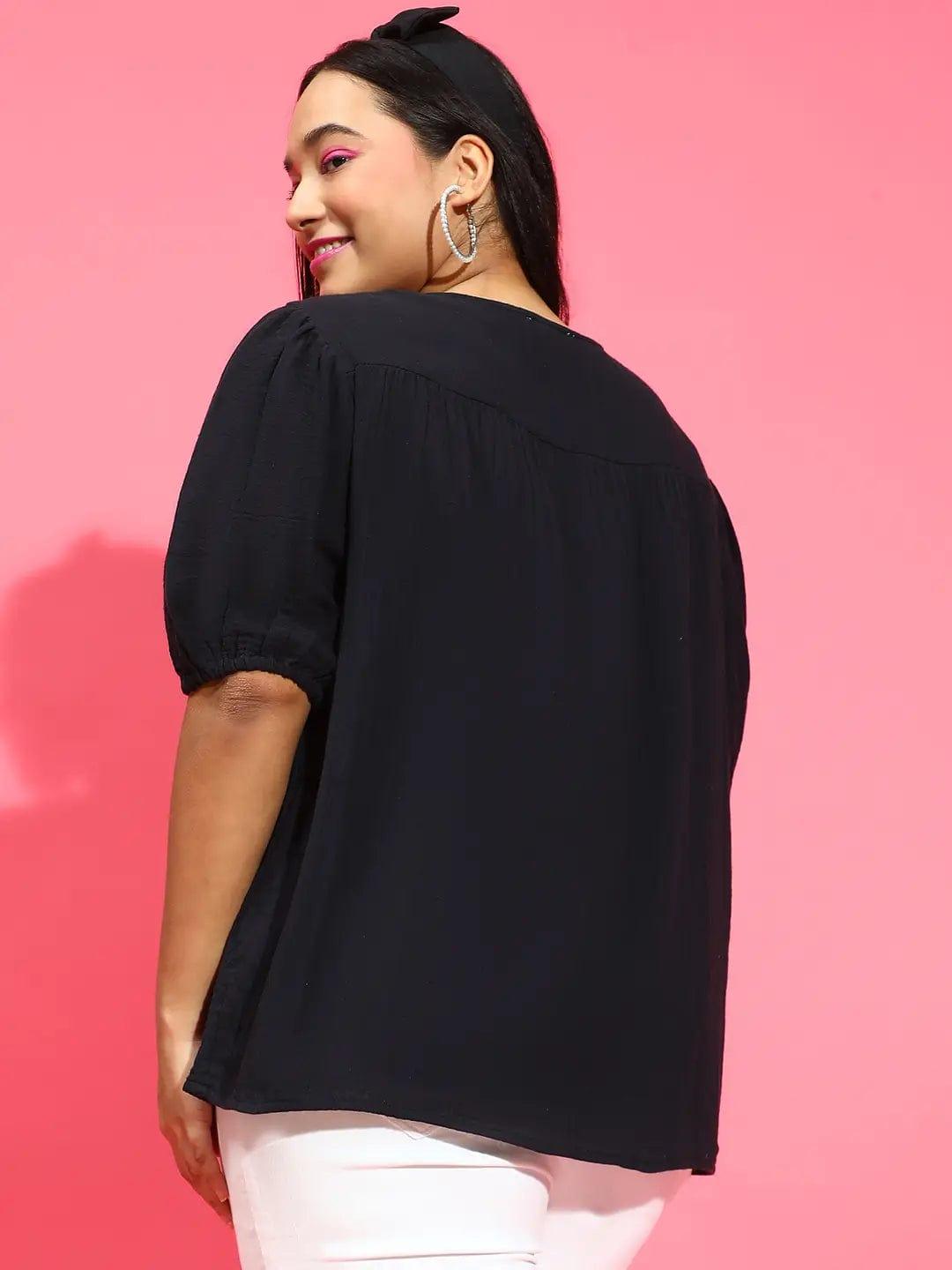 Plus size black embroidered cotton gauze top with round neck, photo 5
