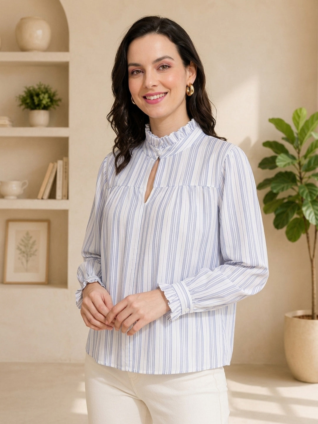 Striped long sleeve blouse with ruffled collar and keyhole detail, perfect for women's fashion