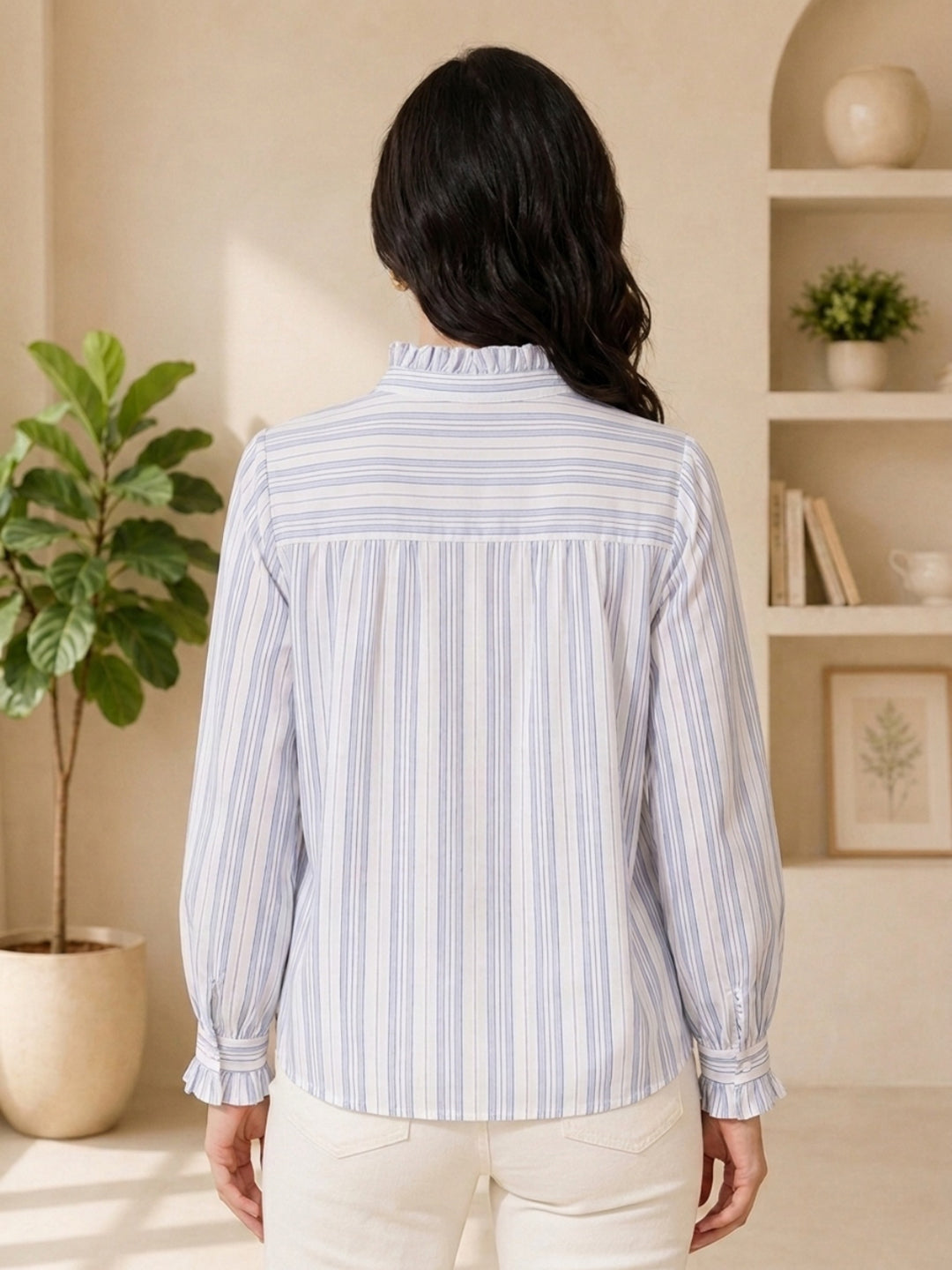 Striped long sleeve blouse with ruffled collar and cuffs, back view, women's fashion