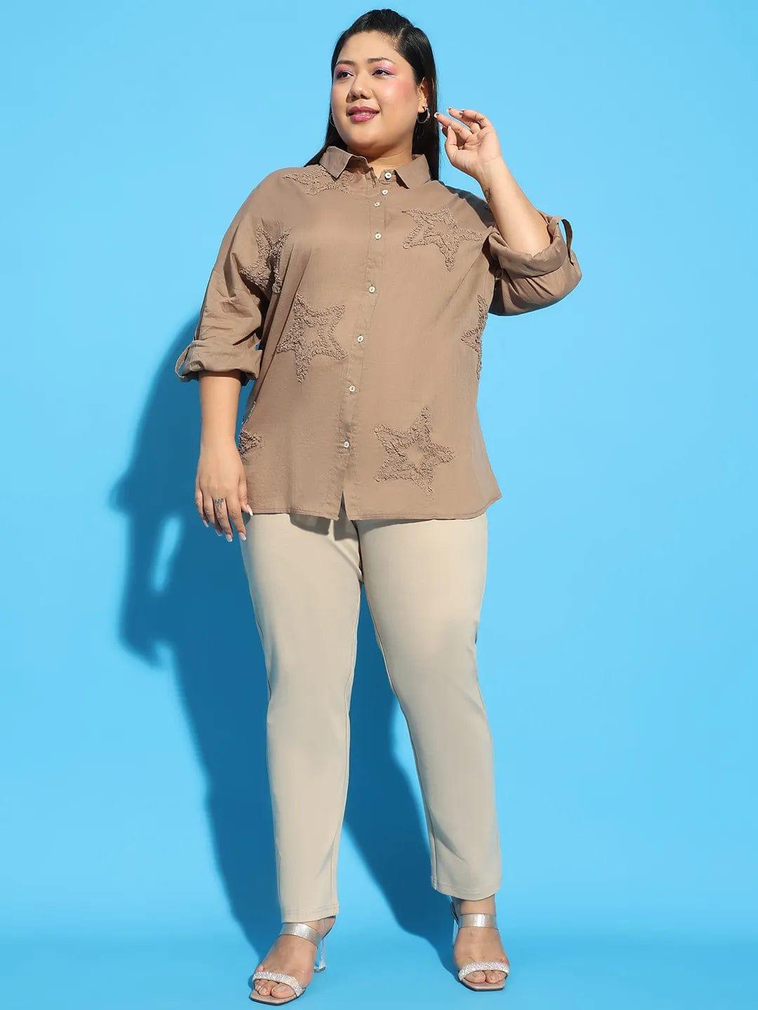 Plus size brown embroidered collared long sleeve cotton shirt, photo 2