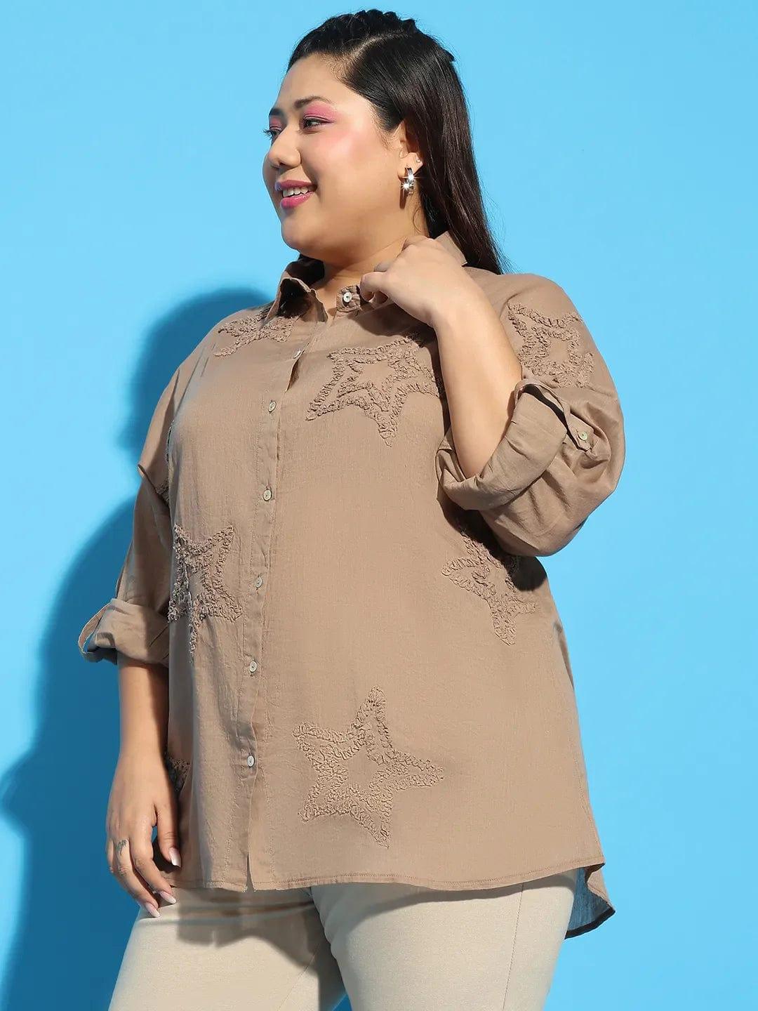 Plus size brown embroidered collared long sleeve cotton shirt, photo 3