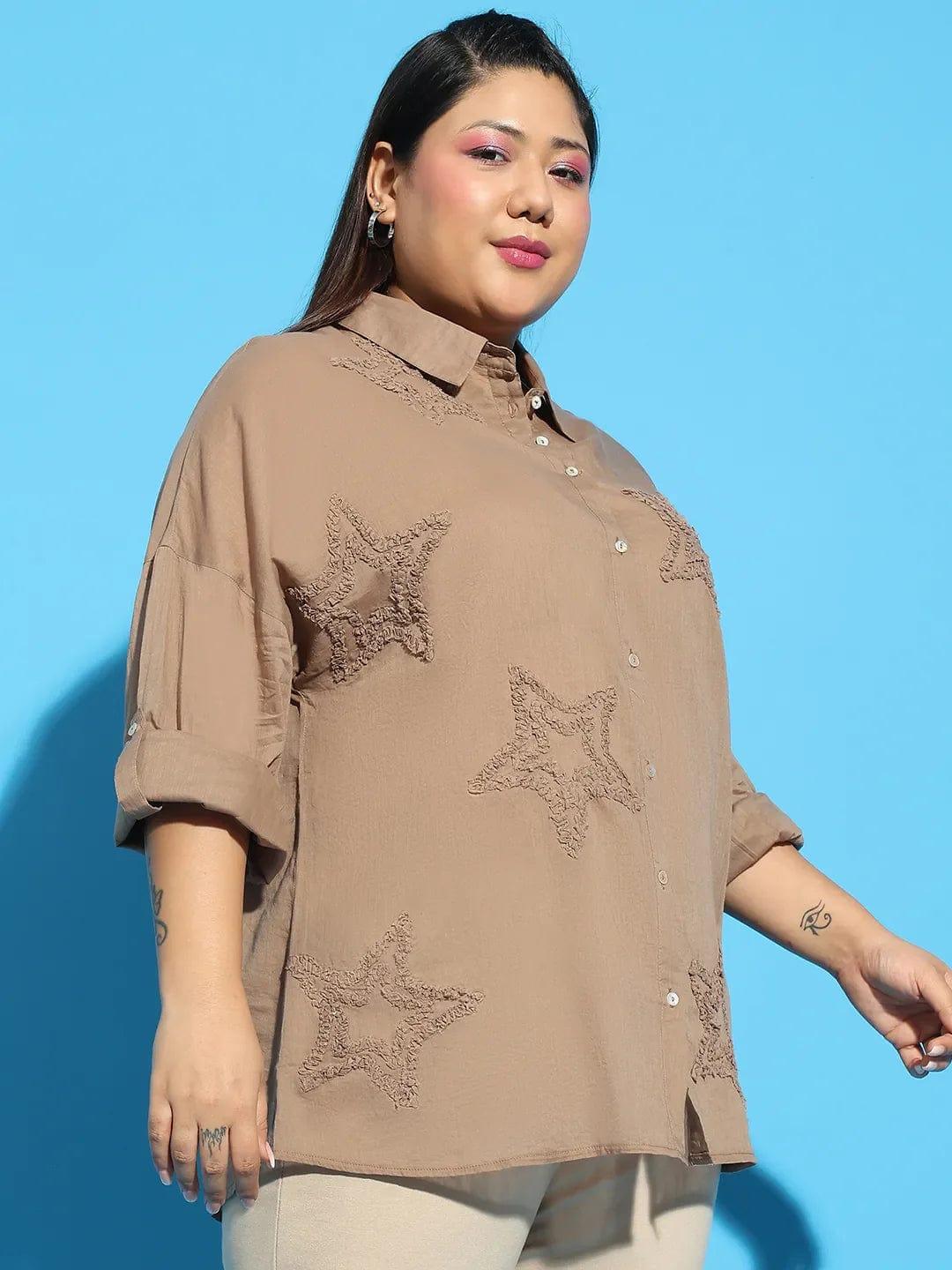 Plus size brown embroidered collared long sleeve cotton shirt, photo 4