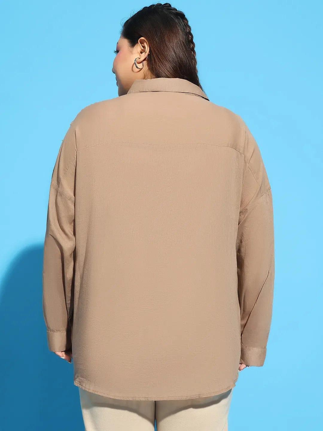 Plus size brown embroidered collared long sleeve cotton shirt, photo 5