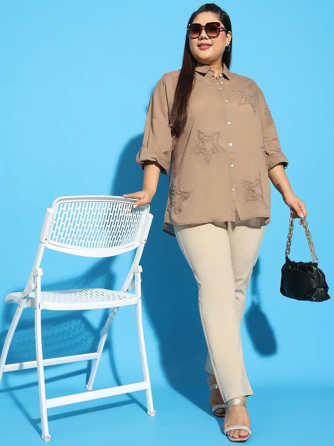 Plus size brown embroidered collared long sleeve cotton shirt, photo 7