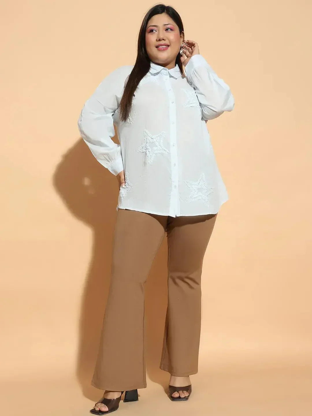 Plus size light blue embroidered collared long sleeve cotton shirt, photo 3