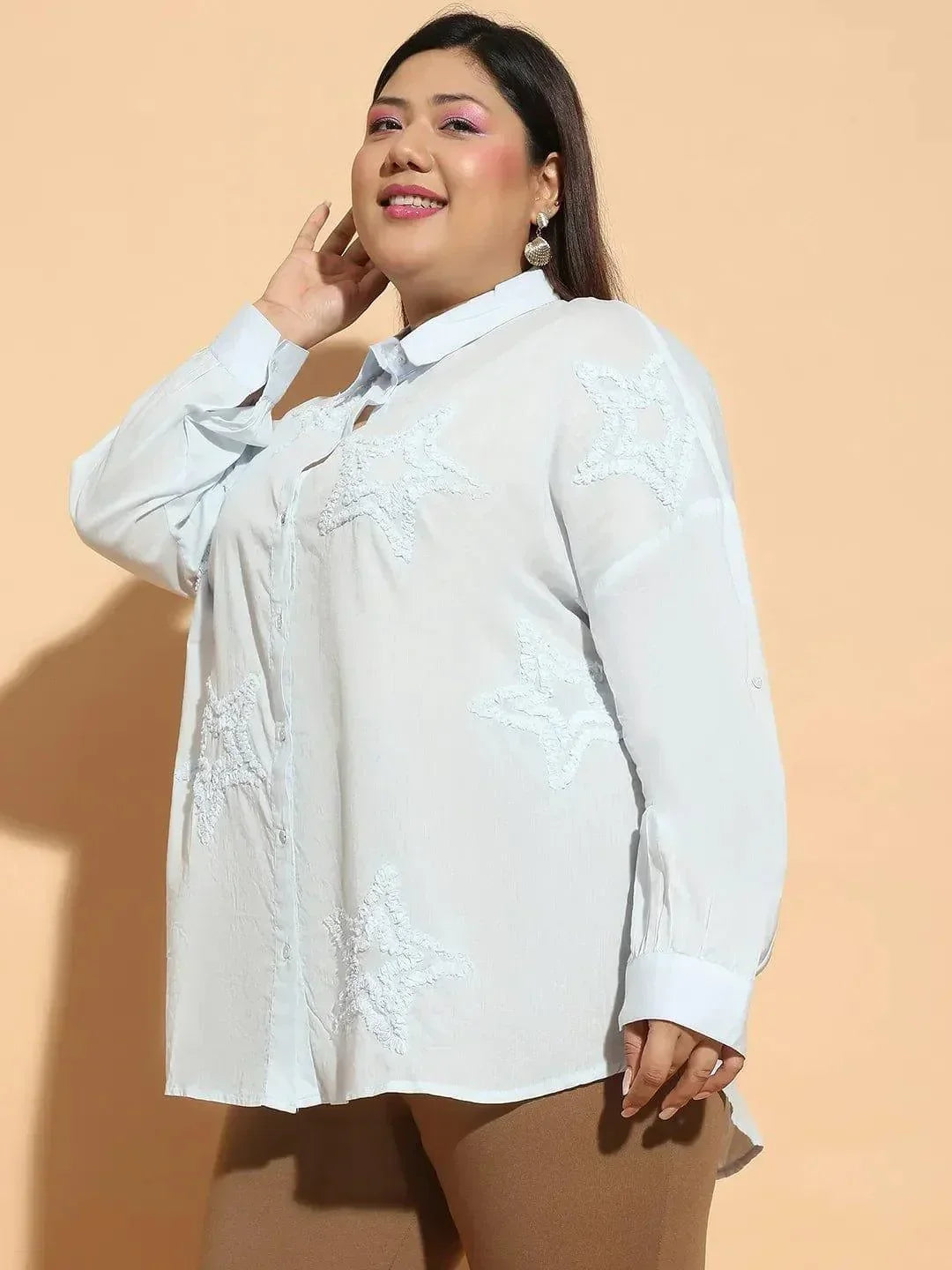 Plus size light blue embroidered collared long sleeve cotton shirt, photo 4